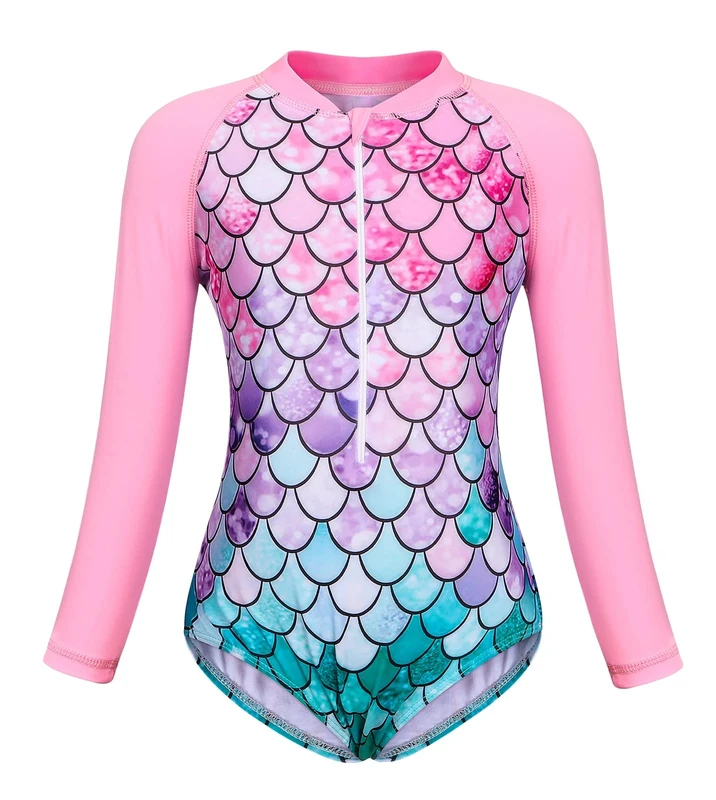 Berich Girls One Piece Swimming Costume Suit Kids Swimwear with Long Sleeve Child Sunsuit Toddler UV Protection Rash Guard Bathing Suit Mermaid Swimsuit Swimming Suit 7-8 Years(Pink,130)