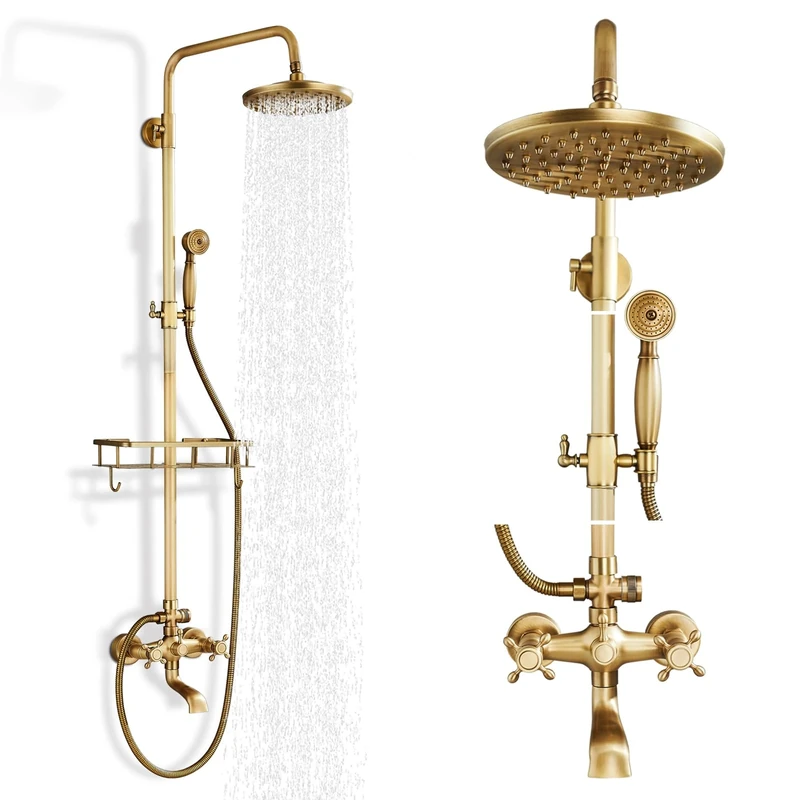 Gmusre Antique Brass Bathroom Shower Faucet Set - 8 Inch Rainfall Shower Head with Handled Shower, Waterfall Tub Spout and Wall Mounted Outdoor Shower with Shelf