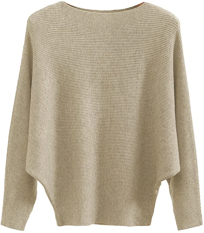 FULIER Boat Neck Batwing Sleeves Dolman Knitted Sweaters and Pullovers Tops for Women One Size (Khaki)