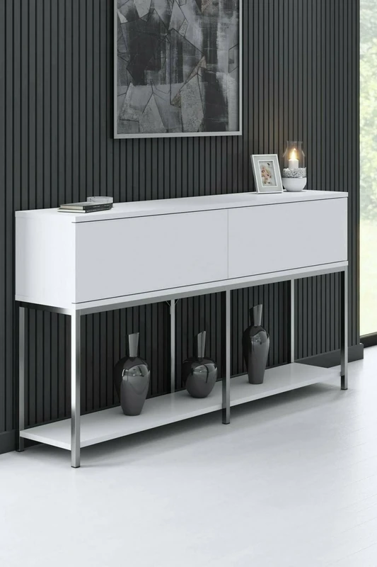 Dmora Altair Sideboard, Buffet for Living Room, Kitchen Pantry, 150 x 30 x 80 cm, White and Silver