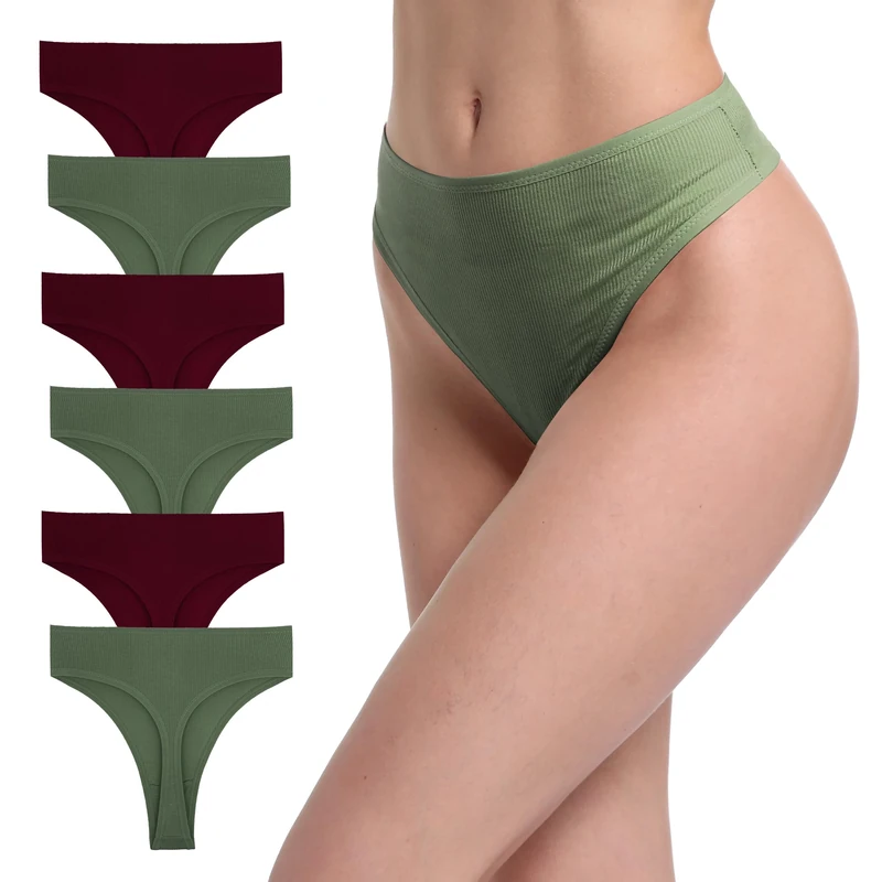GAREDOB 6 Pack Women's Cotton Thongs High Waist Panties Plus Size High Rise No Show Underwear, 6 Pcs High Thong-d, XL