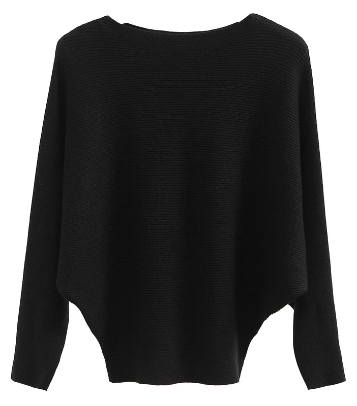 FULIER Boat Neck Batwing Sleeves Dolman Knitted Sweaters and Pullovers Tops for Women One Size (Black)