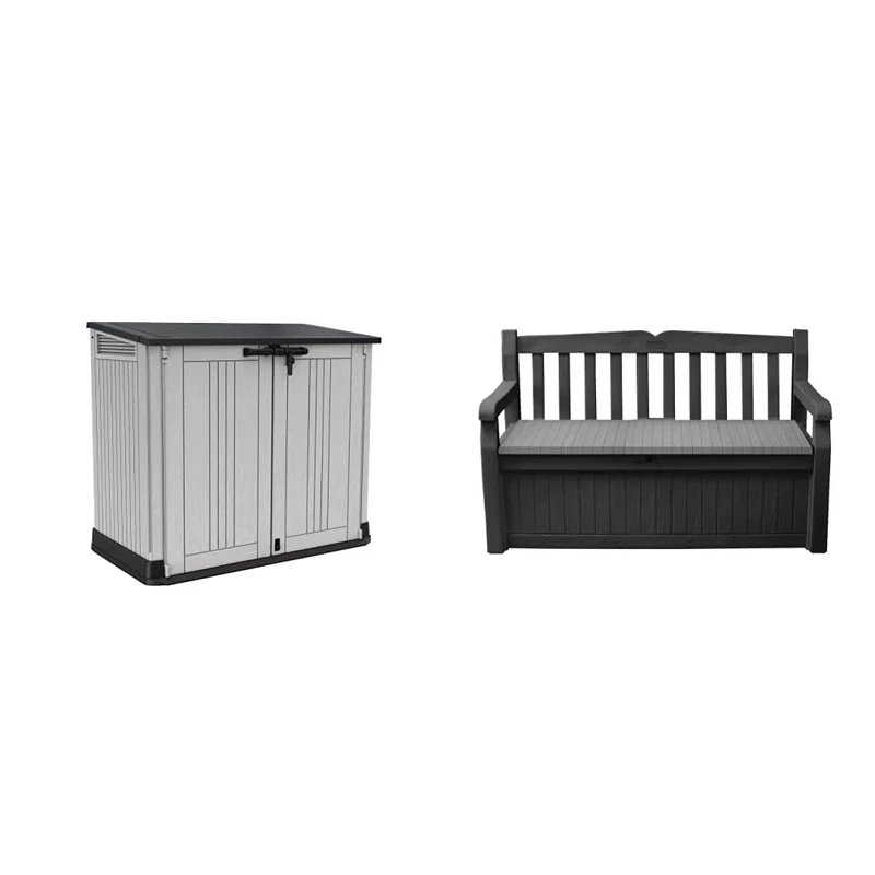 Keter 249317 Store it Out Nova Outdoor Garden Storage Shed, Light Grey with Dark Grey Lid & 6025 Eden Bench Outdoor Storage Box Garden Furniture, Graphite and Grey, 132.5L x 75W x 18.5H cm