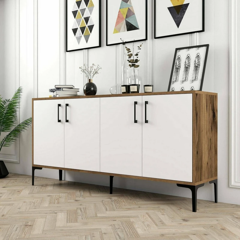 Dmora Arcturus Sideboard, Living Room Buffet, Living Room Sideboard, Kitchen Pantry, 160 x 35 x 78 cm, Walnut and White