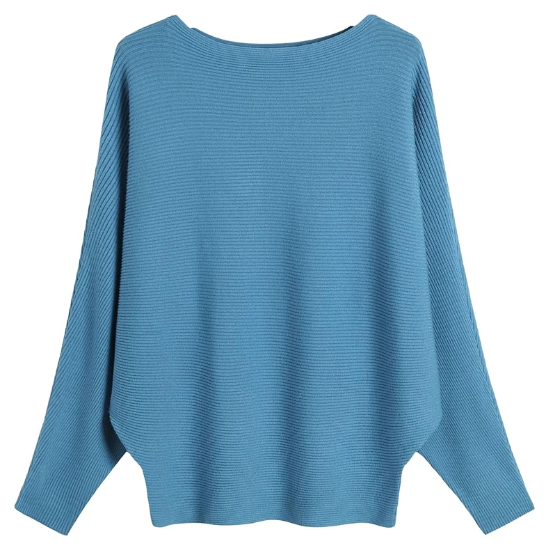 FULIER Boat Neck Batwing Sleeves Dolman Knitted Sweaters and Pullovers Tops for Women One Size (Blue)