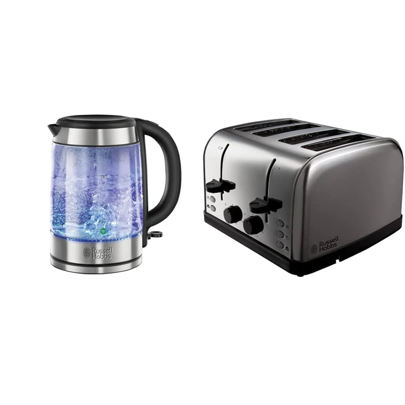 Russell Hobbs 21600-10 Illuminating Glass Kettle, Black, 1.7 Litre, 3000 Watt & 18790 Futura 4-Slice Toaster, 1500 W, Stainless Steel Silver, Four Slice