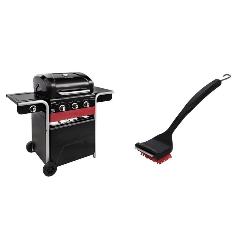 Char-Broil Gas2Coal Hybrid Grill - 3 Burner Gas & Coal Barbecue Grill, Black Finish & 140 533 - 2-in-1 "Cool-Clean" Grill Cleaning Brush and Scraper.
