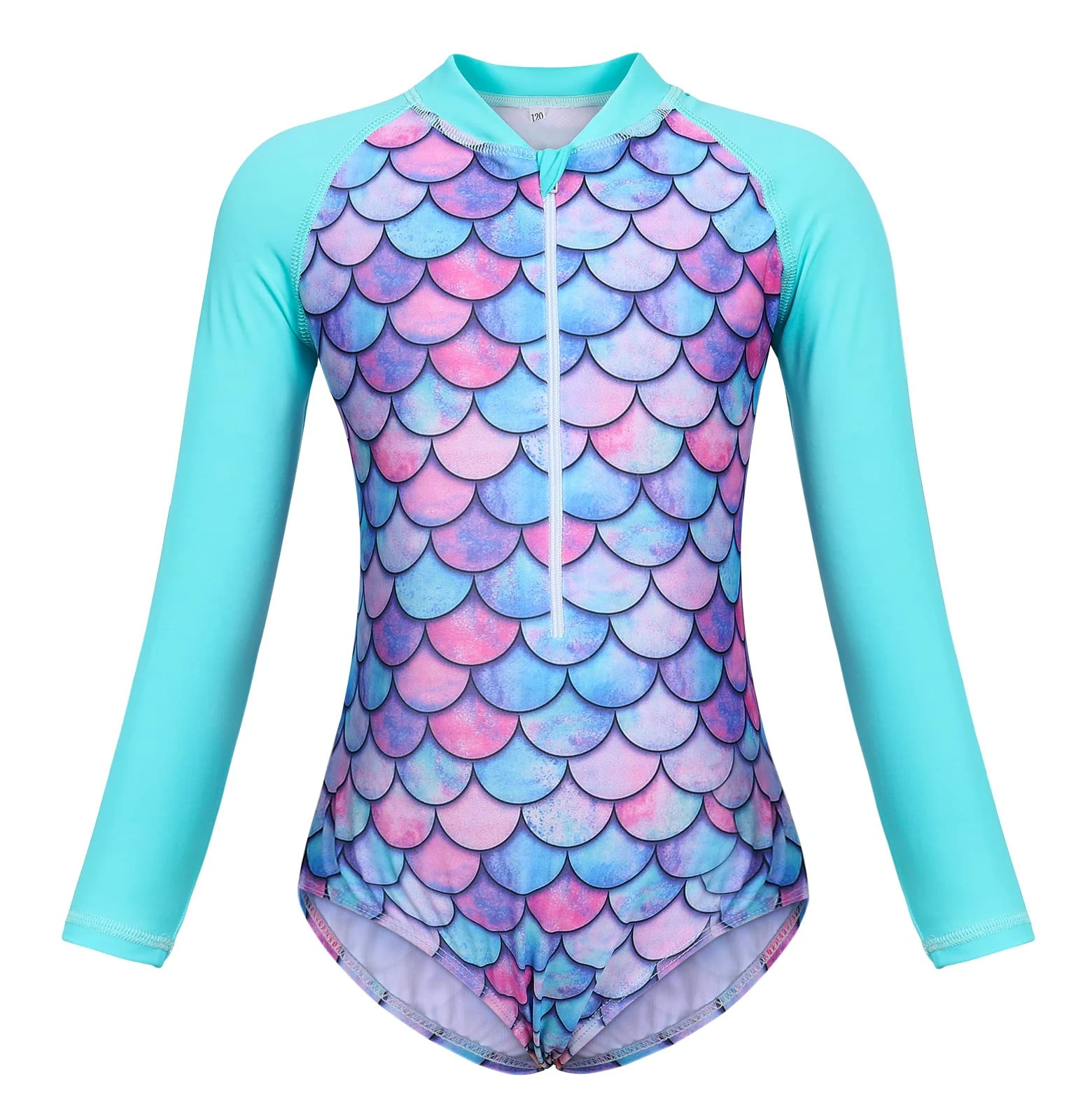 Berich Girls One Piece Swimsuit Swim Costume Kids Swimwear with Long Sleeve Child Sunsuit Toddler UV Protection Rash Guard Bathing Suit Baby Mermaid Swimsuit Swimming Costume 7-8 Years(Green,130)