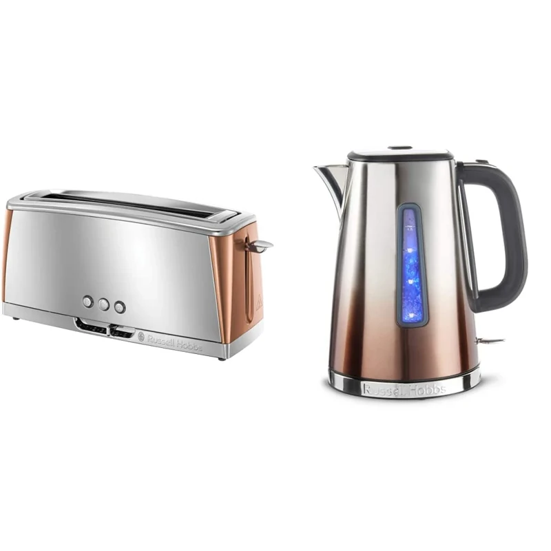 Russell Hobbs Luna Long Slot Toaster, Long Slice or Two Slice Stainless Steel Toaster, 24310 & 25113 Eclipse Polished Stainless Steel and Copper Sunset Ombre Electric Kettle, 3000 W, 1.7 Litre
