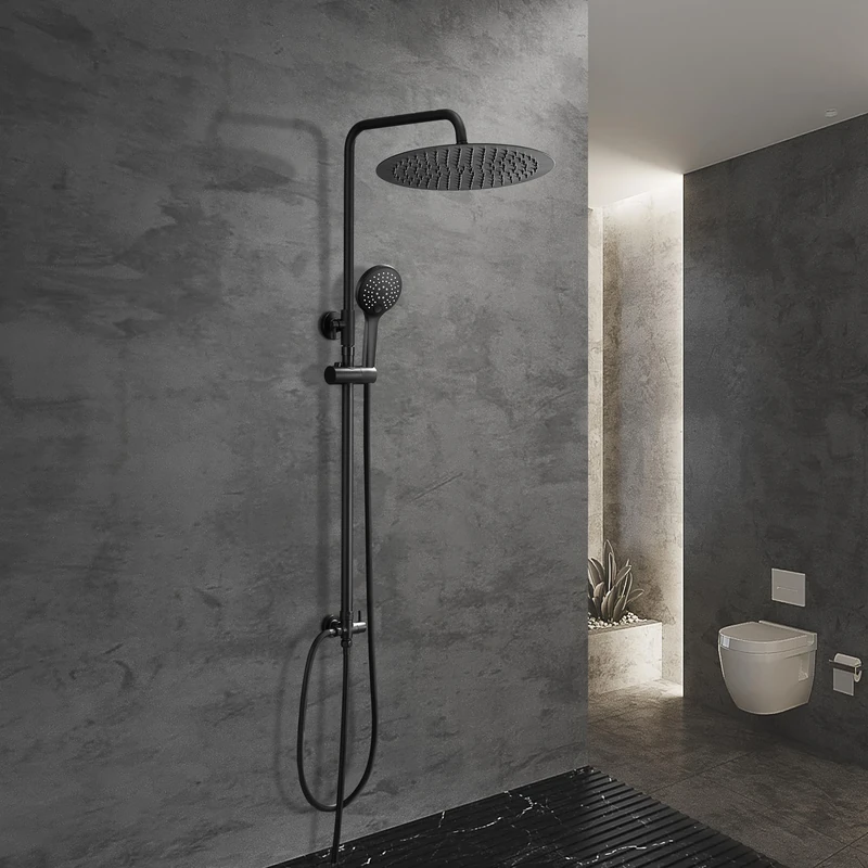 Görbach Shower Set Shower System Overhead Shower Rail Shower Column Without Shower Fitting Matt Black with D30 Rain Shower Head