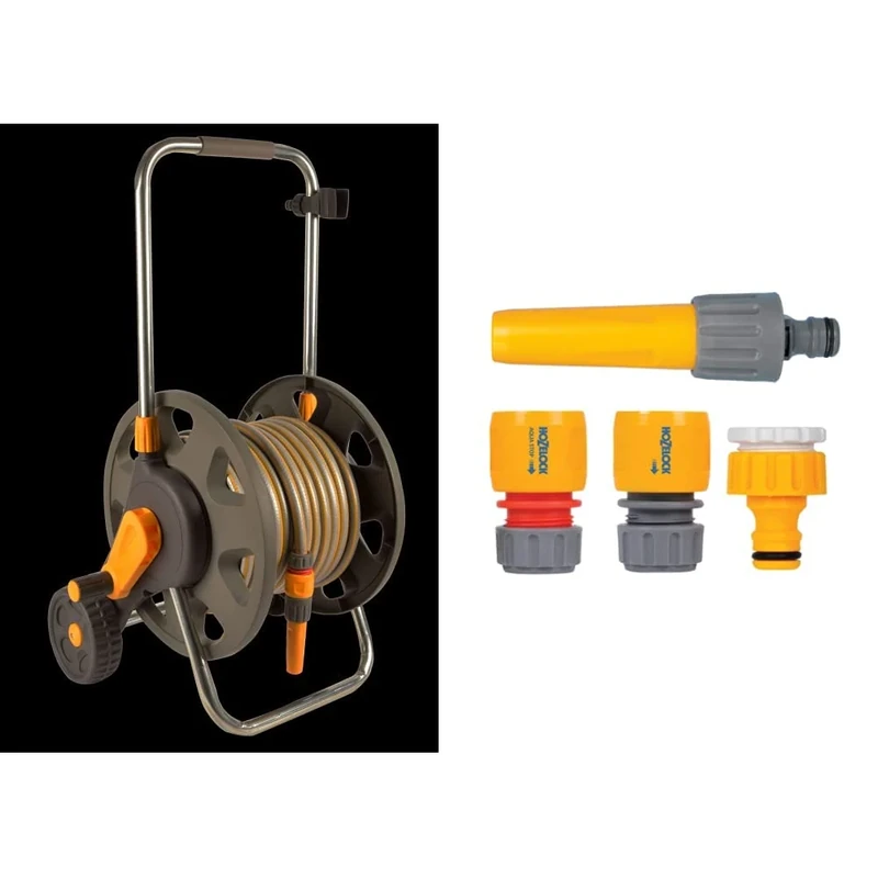 Hozelock 2434 Assembled Hose Cart with 30m Hose & HOZELOCK 2352 Fitting Starter Set