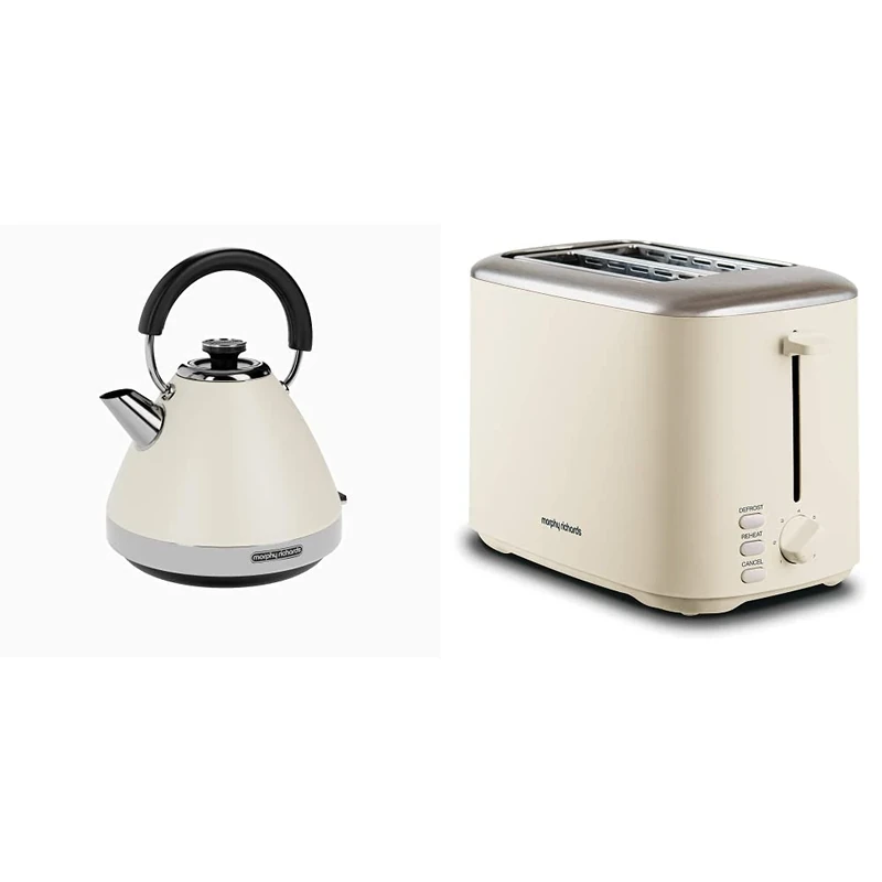 Morphy Richards 100132 Venture Pyramid Kettle Cream & 222065 Cream Equip 2 Slice Stainless Steel Toaster, 800 W, Cream