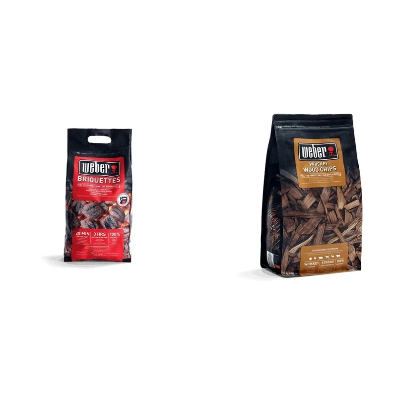 Weber 17590168 Briquettes 4 kg, Black & 17627 Smoking Wood Chips, Whiskey, Brown, 32.5 cm*17.0 cm*12.0 cm