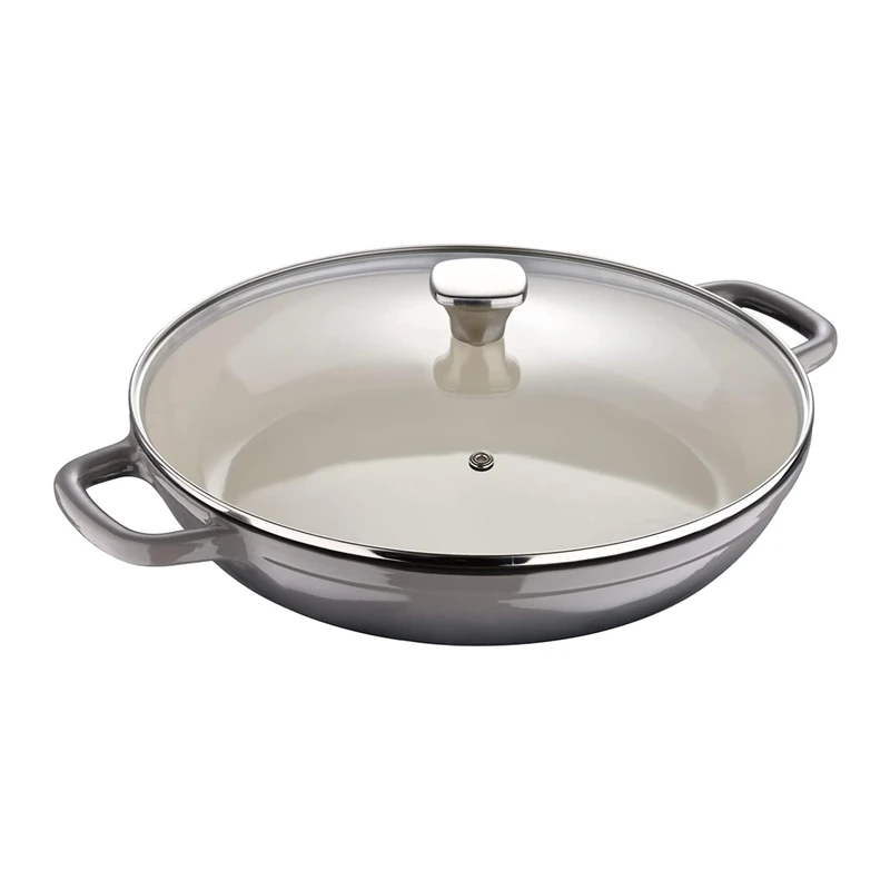 MasterPro - Enamel Induction Cast Iron Shallow Casserole, Grey 3.3L - Professional Quality Casserole with Glass Lid, Enamel Coating, Ovenproof