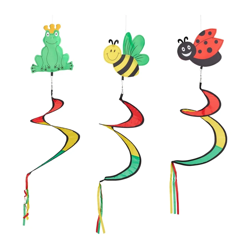 Relaxdays Wind Spinner Spiral, Set of 3, Animal Motif, Decoration for Outdoors, Hanging, Multicolour
