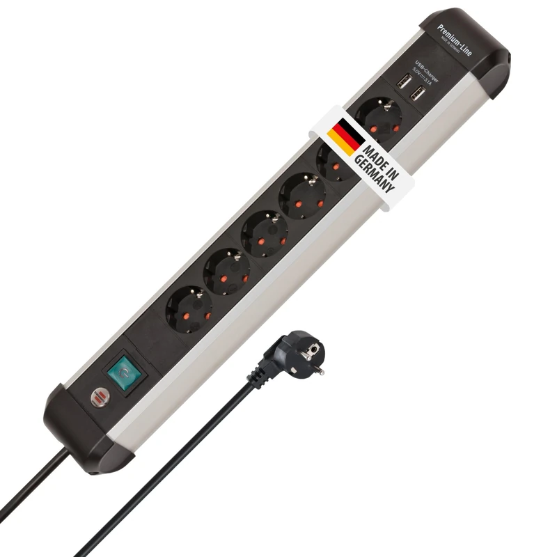 Brennenstuhl Premium-Alu-Line Power Strip with usb/Extension Lead 6-way made aluminium (with switch and 3m cable, 2-way USB 3,1 A, Made in Germany)