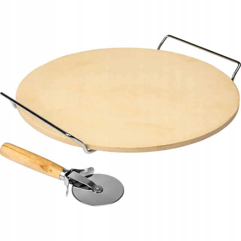 Browin 312009 Pizza Stone with Handle and Knife, Round 33 cm, in Oven, for Grilling, Ceramic