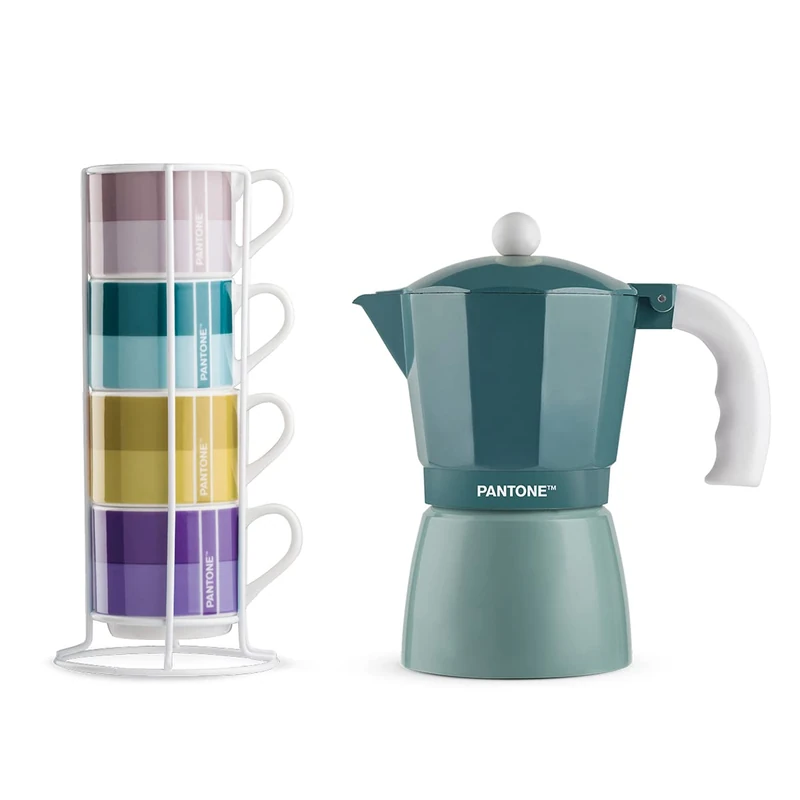 Egan Set of 4 Coffee Cups Impil. with Metalrack Pantone Linear + Blue Moka 6 cups