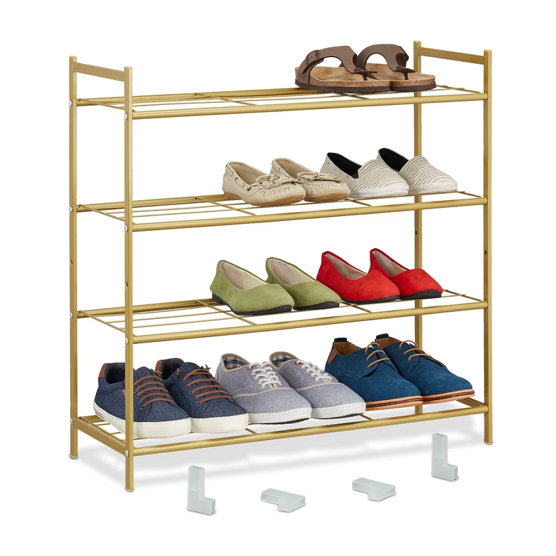 Relaxdays Rack 4 Levels, Plastic Connectors, 12 Pairs, Shoes Storage for Hallway, 70 x 70 x 26 cm Stackable, Gold, 90% Steel 10%