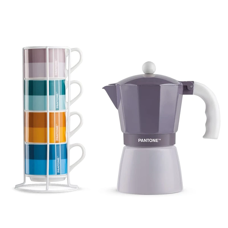 Egan Set of 4 Coffee Cups Impil. with Metalrack Pantone Linear + Purple Moka 6 cups