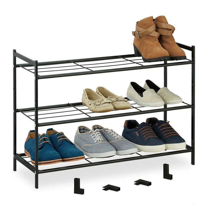 Relaxdays Rack 3 Levels, Connectors, 9 Pairs, Shoes Storage for Hallway, 50 x 70 x 26 cm Stackable, Stable, Black, Steel