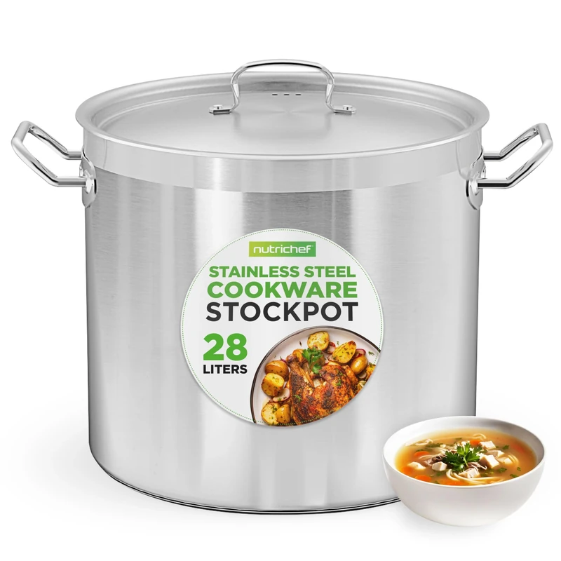NutriChef Stainless Steel Stock Pot with Lid, 27 L Big Stockpots for Stew, Soup, Pasta, Meat- Induction Ready, Large Cooking Pot with Ergonomic Handles