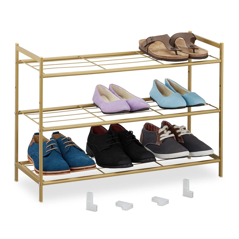 Relaxdays Rack 3 Levels, Connectors, 9 Pairs, Shoes Storage for Hallway, 50 x 70 x 26 cm Stackable, Stable, Gold, Steel