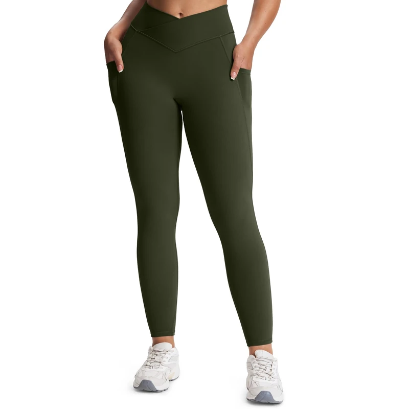 Aoxjox Trinity High Waisted Yoga Pants with Pockets for Women Tummy Control Cross-Waist Crossover Workout Leggings 27'', A Olive Green (V-Waistband), M