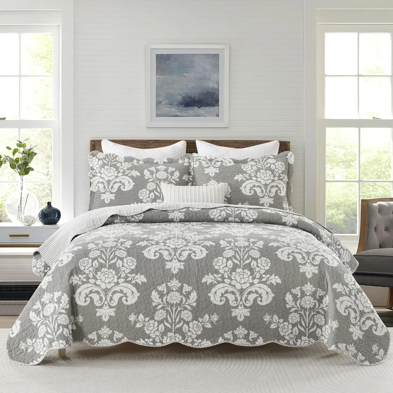LORRIARD Quilt Set, 100% Cotton Bedspread, Reversible Lightweight Colchas para Camas with Matching, Grey, King, Floral