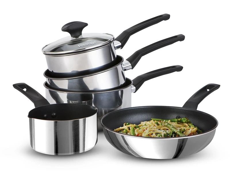Prestige 9 x Tougher SS 4+1 Set with Free Milkpan (16/18/20cm Cov Saucepan, 25cm Frypan, Milkpan), Silver