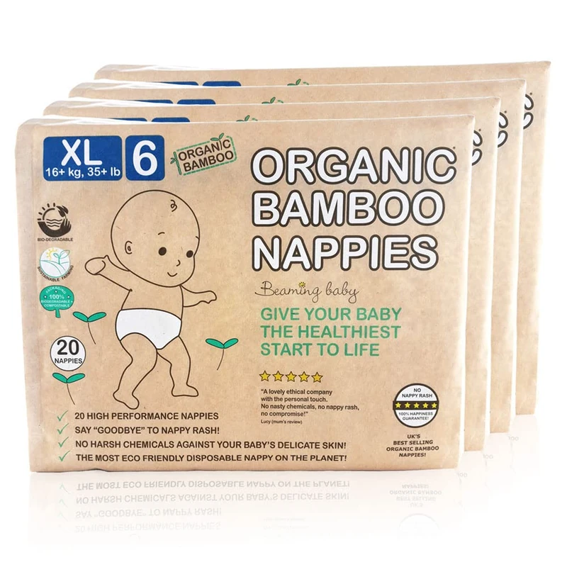 Beaming Baby Organic Bamboo Nappies Size 6 (16kg+ / 35 lb+), 80 Biodegradable Nappies (4 Packs x 20) Monthly Multi Pack. Hypoallergenic, Ideal for Sensitive Baby Skin| Recyclable Paper Packaging - Image 1