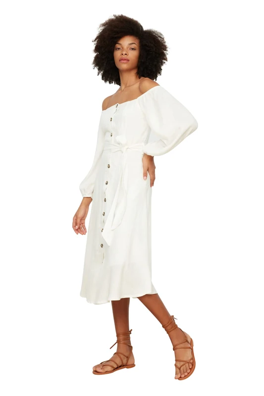 Trendyol Women Midi A-line Regular fit Woven Dress Ecru