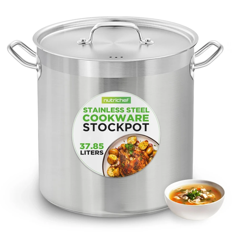 NutriChef Stainless Steel Cookware Stockpot, 37.8 Litres Heavy Duty Induction Soup Pot with Stainless Steel Lid and Strong Riveted Handles, Even Heat Distribution, Compatible with Most Cooktops