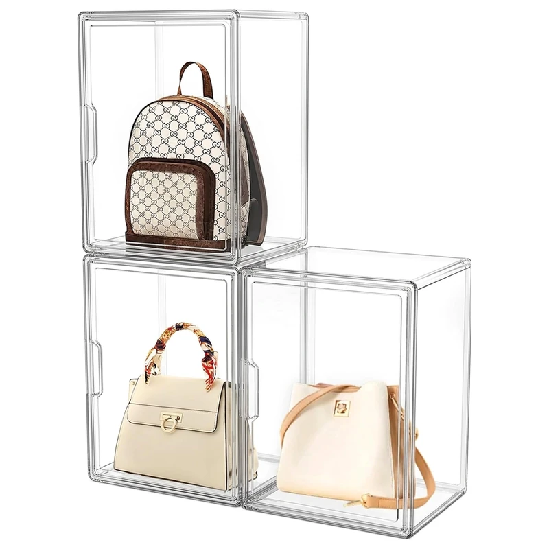 Attelite Plastic Purse and Handbag storage Organizer for Closet, Clear Acrylic Display Case with Magnetic Door for Wallet, Book, Cosmetic, Clutch Organization 3 Pcs