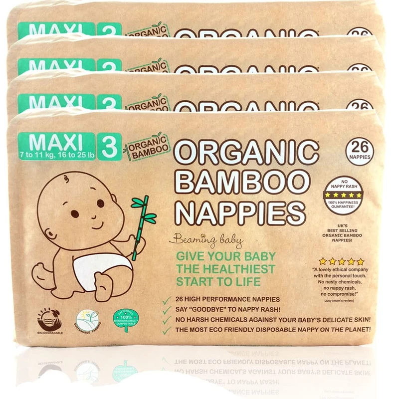 Beaming Baby Organic Bamboo Nappies Size 3 (7-11 kg / 16-25 lb) - 104 Biodegradable Nappies (4 Packs x 26) Monthly Pack. Hypoallergenic- Ideal for Baby's Sensitive Skin, Recyclable Paper Packaging