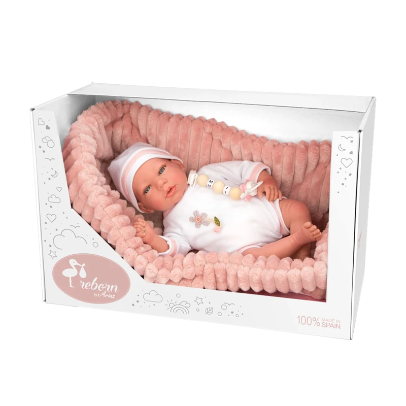 ARIAS - Lola 40 cm Reborn Doll with White Clothes and Pink Hat and Carrycot - Newborn Baby with Vinyl Body, Diaper Accessories, Pacifier and Pacifier, Toy for Children from 3 Years Old (ARI98110)