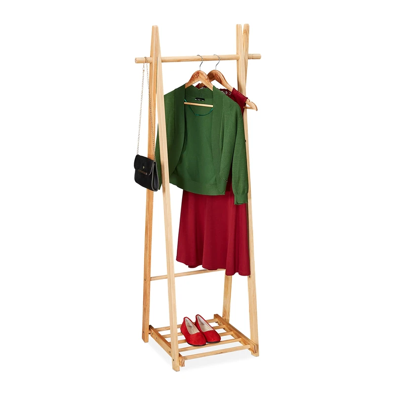 Relaxdays Clothes Rack with Shoe Rack, Clothes Rail, Free-Standing, Clothes Shelf, 153 x 62 x 45 cm, Wood, Natural