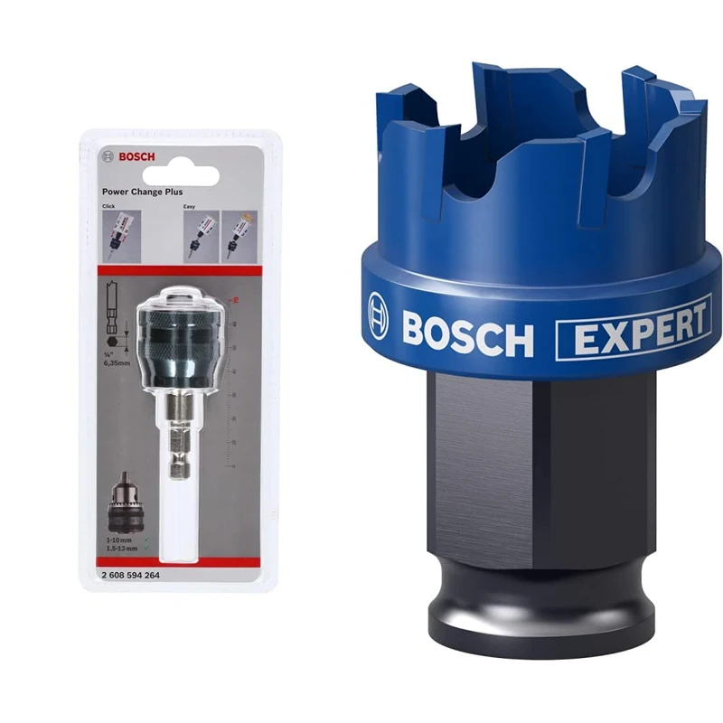 Bosch Professional 1x Power Change Plus Adapter (Socket 3/8“ hexagonal shank, Ø 8,7 mm) + 1x Expert Sheet Metal Hole Saw (for Steel, Stainless steel sheets, Ø 27 mm, Accessories Rotary Impact Drill)