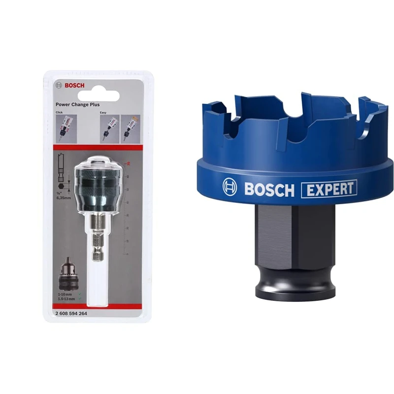 Bosch Professional 1x Power Change Plus Adapter (Socket 3/8“ hexagonal shank, Ø 8,7 mm) + 1x Expert Sheet Metal Hole Saw (for Steel, Stainless steel sheets, Ø 35 mm, Accessories Rotary Impact Drill)