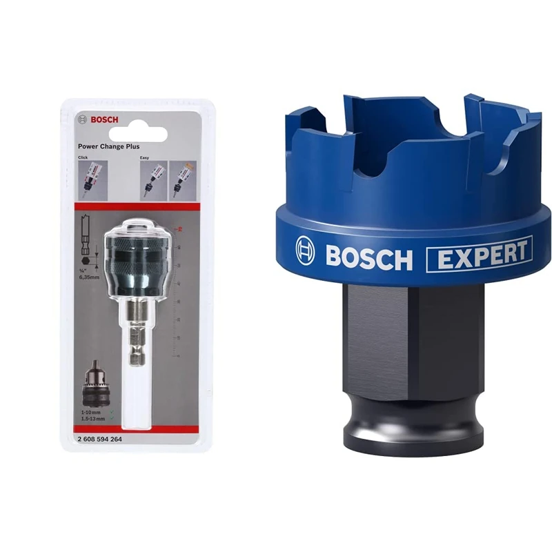 Bosch Professional 1x Power Change Plus Adapter (Socket 3/8“ hexagonal shank, Ø 8,7 mm) + 1x Expert Sheet Metal Hole Saw (for Steel, Stainless steel sheets, Ø 32 mm, Accessories Rotary Impact Drill)