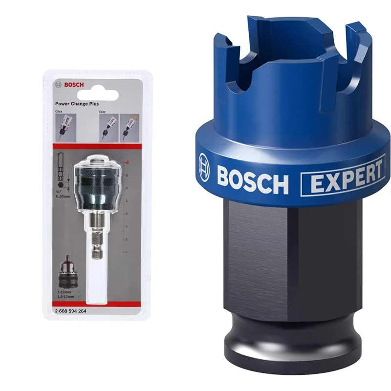 Bosch Professional 1x Power Change Plus Adapter (Socket 3/8“ hexagonal shank, Ø 8,7 mm) + 1x Expert Sheet Metal Hole Saw (for Steel, Stainless steel sheets, Ø 22 mm, Accessories Rotary Impact Drill)