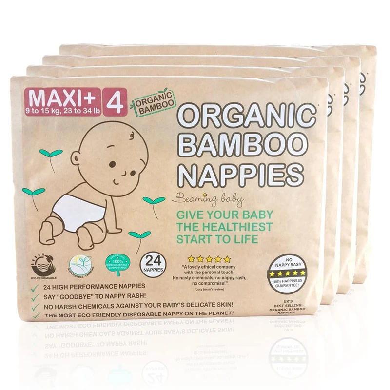 Beaming Baby Organic Bamboo Nappies Size 4 (9-15 kg / 23-34 lb) - 96 Biodegradable Nappies (4 Packs x 24) Monthly Pack. Hypoallergenic, Recyclable Paper Packaging