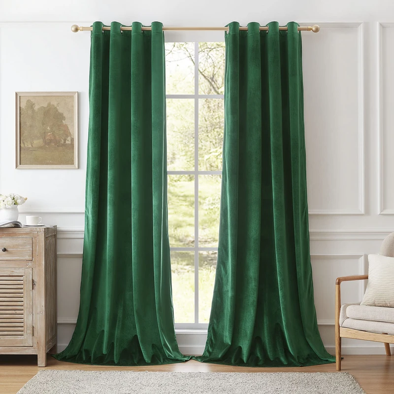 BULBUL Green Curtains 96 inch Length- Living Room Velvet Blackout Window Drapes Thermal Insulated Room Darkening Decor Grommet Curtains for Bedroom Set of 2 Panels