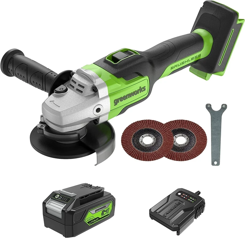 Greenworks 24V Cordless Angle Grinder 125mm Disc Blade, 10500rpm, Left or Right Handed, Amazon Exclusive 24V 4Ah Battery & Charger GD24AGK4