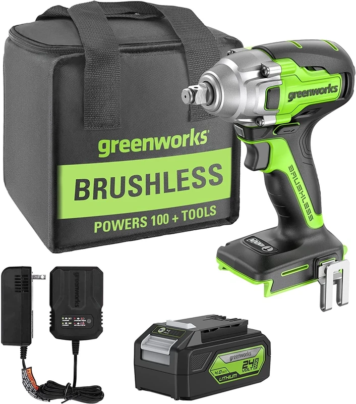 Greenworks GD24IW400K4 Cordless Impact Wrench with Brushless Motor, 0-2800rpm, 0-4000ipm, 400Nm Torque, 1/2" (1.27cm) Square Coupler, 24V 4Ah Battery & Charger, 3 Year Guarantee