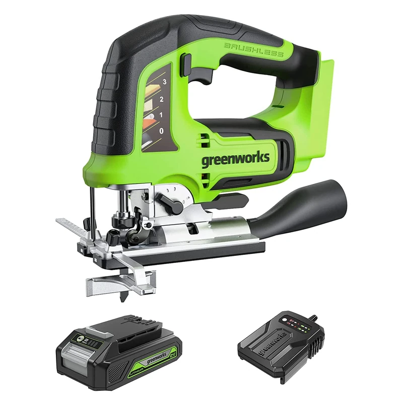 Greenworks GD24JSK2 Cordless Jigsaw with 2 Blades, 3000spm, Adjustable Base up to 45°, Vacuum Attachment, 24V 2Ah Battery & Charger, 3 Year Guarantee, Green,grey,black