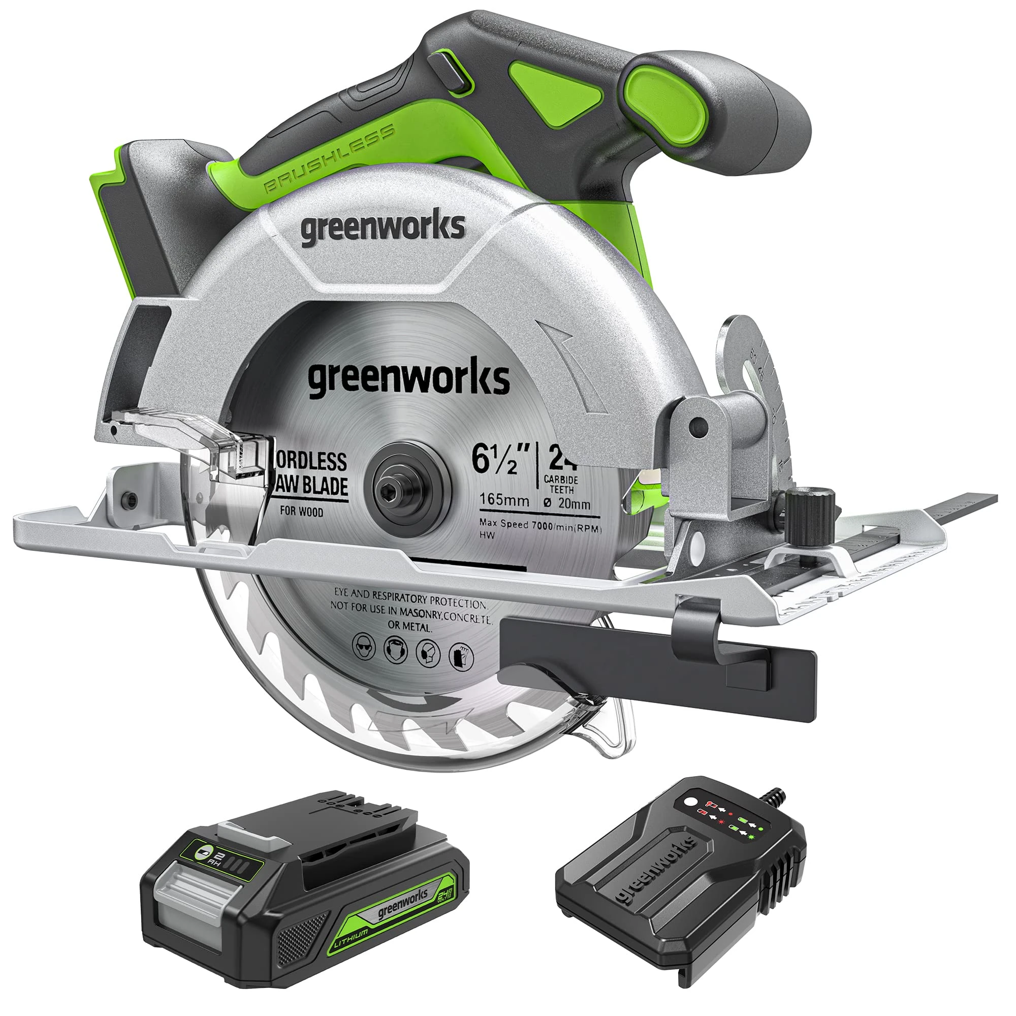 Greenworks GD24KSK2 Cordless Circular Saw, 4800 RPM, 165 mm Blade, 57mm Cutting Depth, with 2Ah Battery and Charger