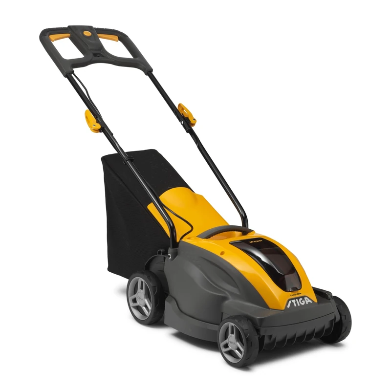 Stiga Combi 336e Battery Lawn Mower, 3.4 cm Cutting Width, 200 m² Max Lawn Area, 48 V 2 Ah Li-Ion, Black, Yellow