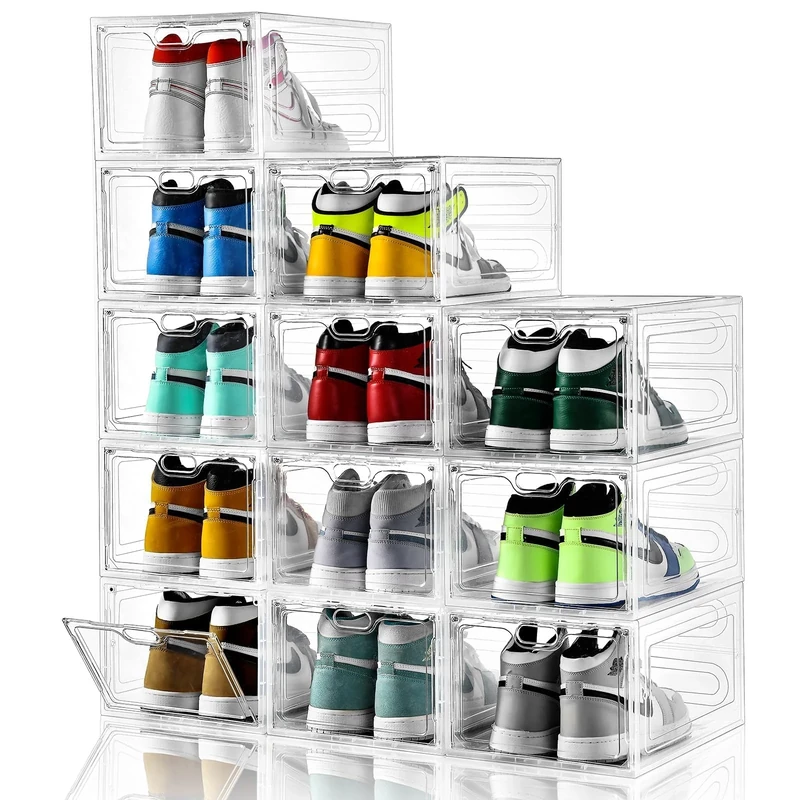 INSTY Shoe Storage Boxes, Stackable Clear Boxes With Doors, Organizer Containers For Sneakers - Fit US Men's/Women's Size 12 (13.4"x 9.8"x 7.1")