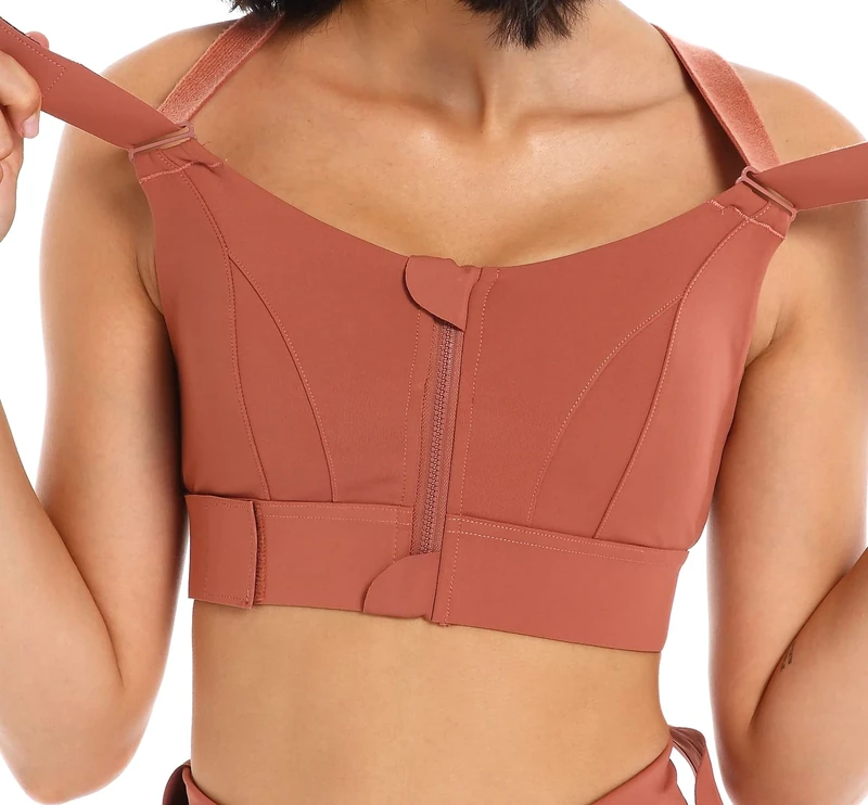 CLOUSPO Women Sports Bra Front Fastening High Impact Zip Front Post Surgery Running Yoga Zip Front Bras Crop Top with Adjustable Straps(L, Red)